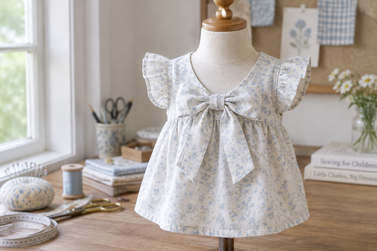 Simple Megan blouse sewing pattern girls bow front top on dress form with natural light