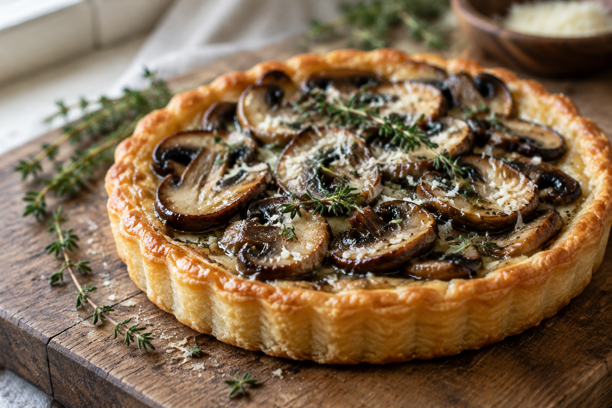 Simple mushroom tarts on a wooden board garnished with fresh thyme and Parmesan cheese