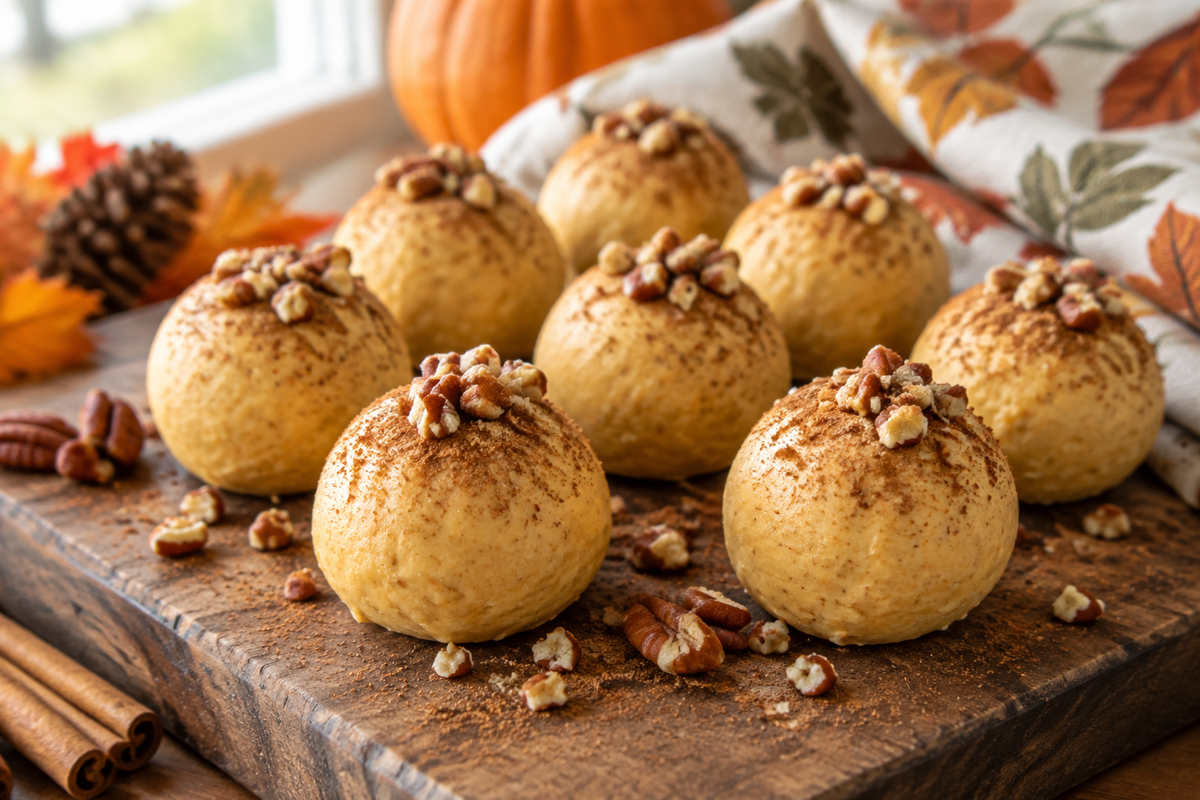 No bake pumpkin cheesecake balls garnished with cinnamon and pecans on rustic board