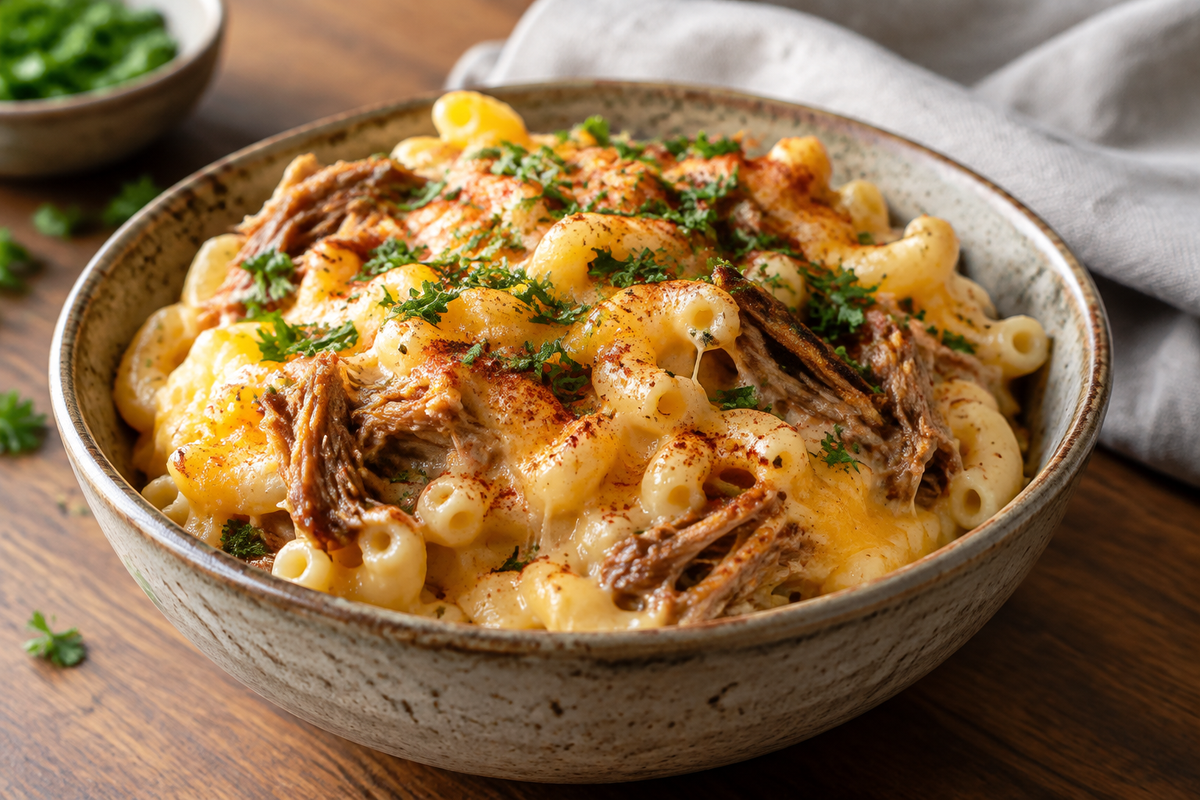 Creamy pulled pork mac cheese in rustic bowl garnished with parsley and paprika