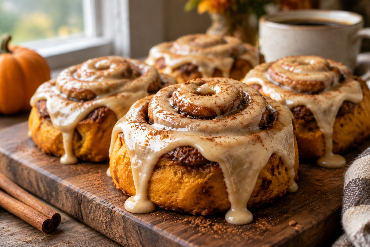 Fresh pumpkin cinnamon rolls topped with coffee maple frosting on a rustic board