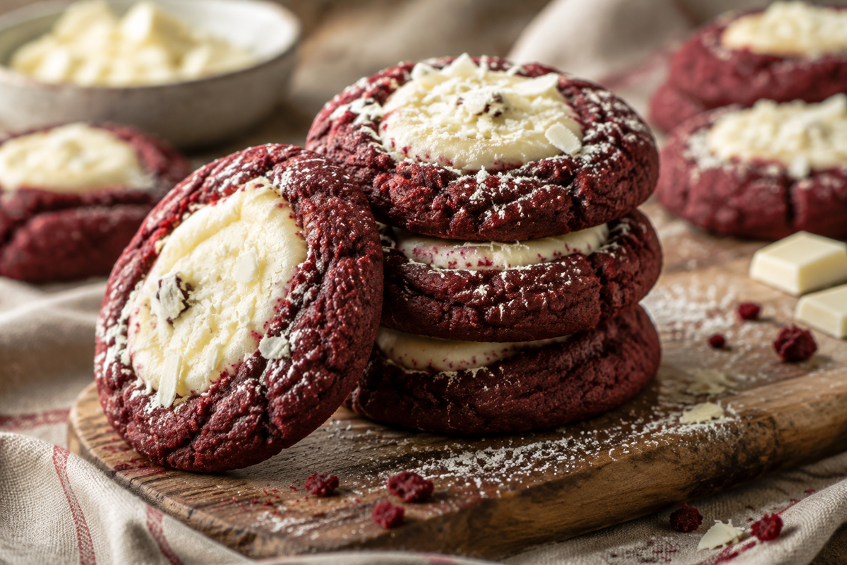 Freshly baked red velvet cheesecake cookies with creamy centers, soft texture, and powdered sugar garnish