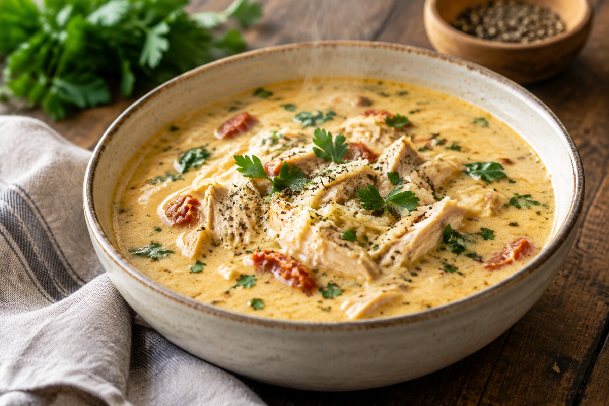 A bowl of simple rich creamy marry me chicken soup garnished with parsley and black pepper