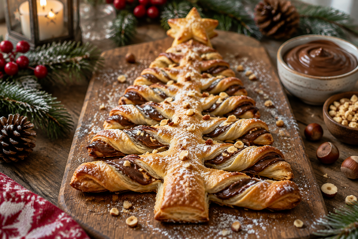 Simple sapin de noël feuilleté au Nutella on wooden board with powdered sugar and hazelnuts