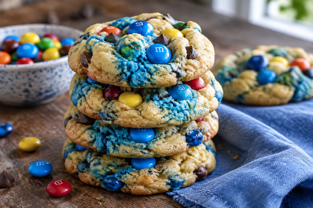 Soft and chewy cookie monster cookies with colorful candy pieces, fresh from the oven