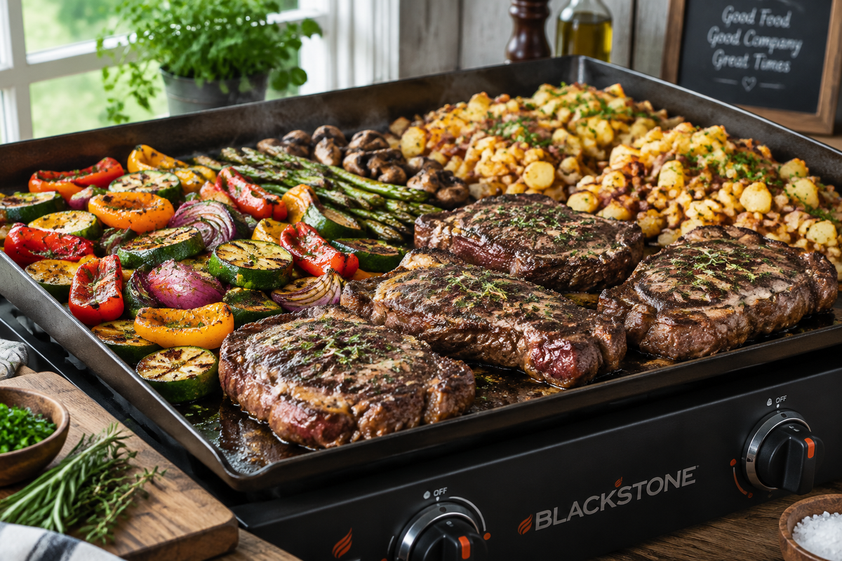 Blackstone griddle recipes featuring grilled steak, vegetables, and breakfast hash with fresh herbs garnish