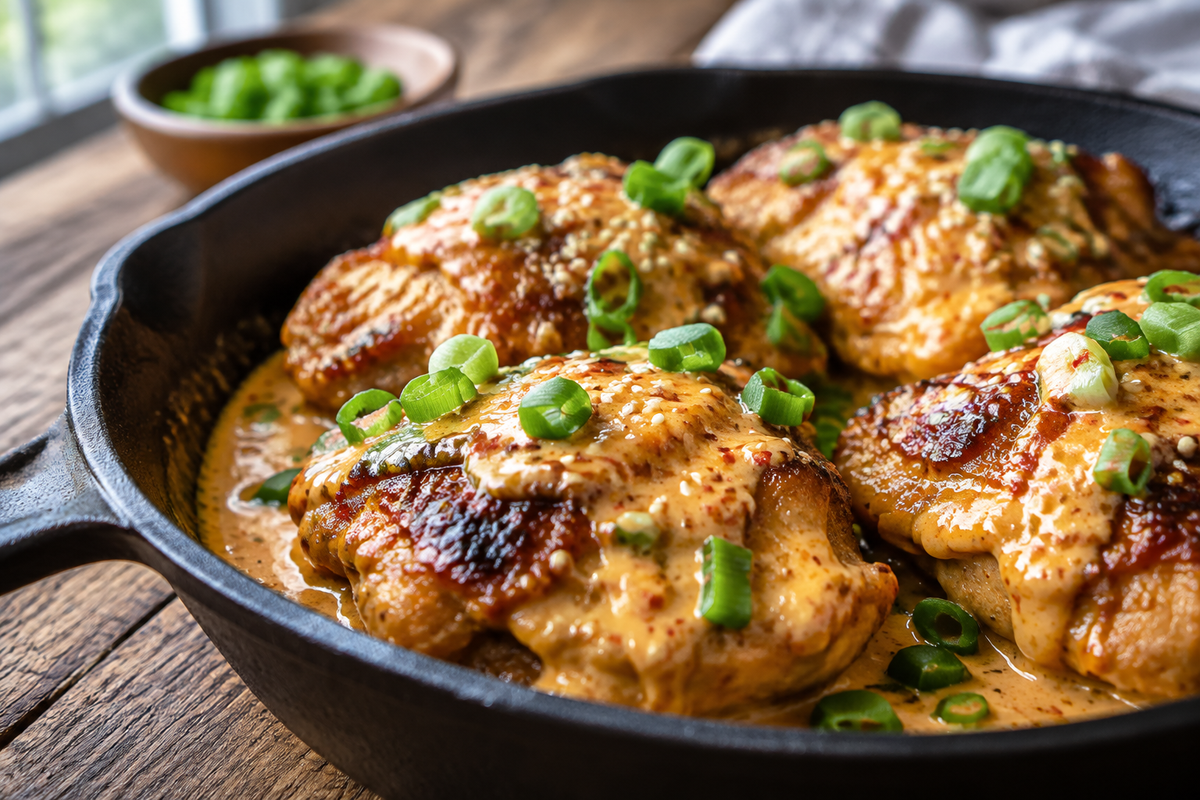 Skillet bang bang chicken thighs glazed with creamy spicy sauce and garnished with green onions