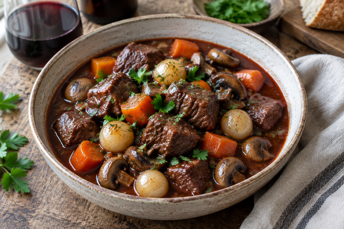 Slow cooker beef bourguignon with tender beef and vegetables in rich sauce, garnished with parsley