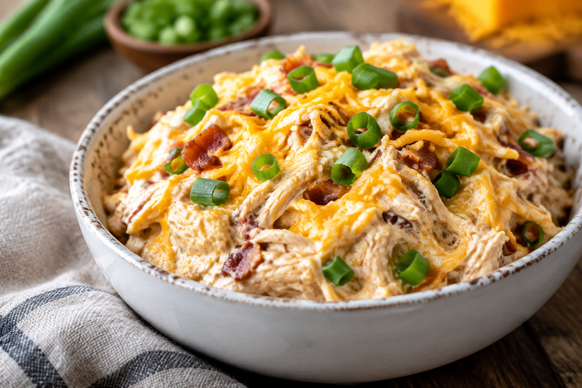 Slow cooker cream cheese crack chicken garnished with green onions and cheddar cheese in a rustic bowl