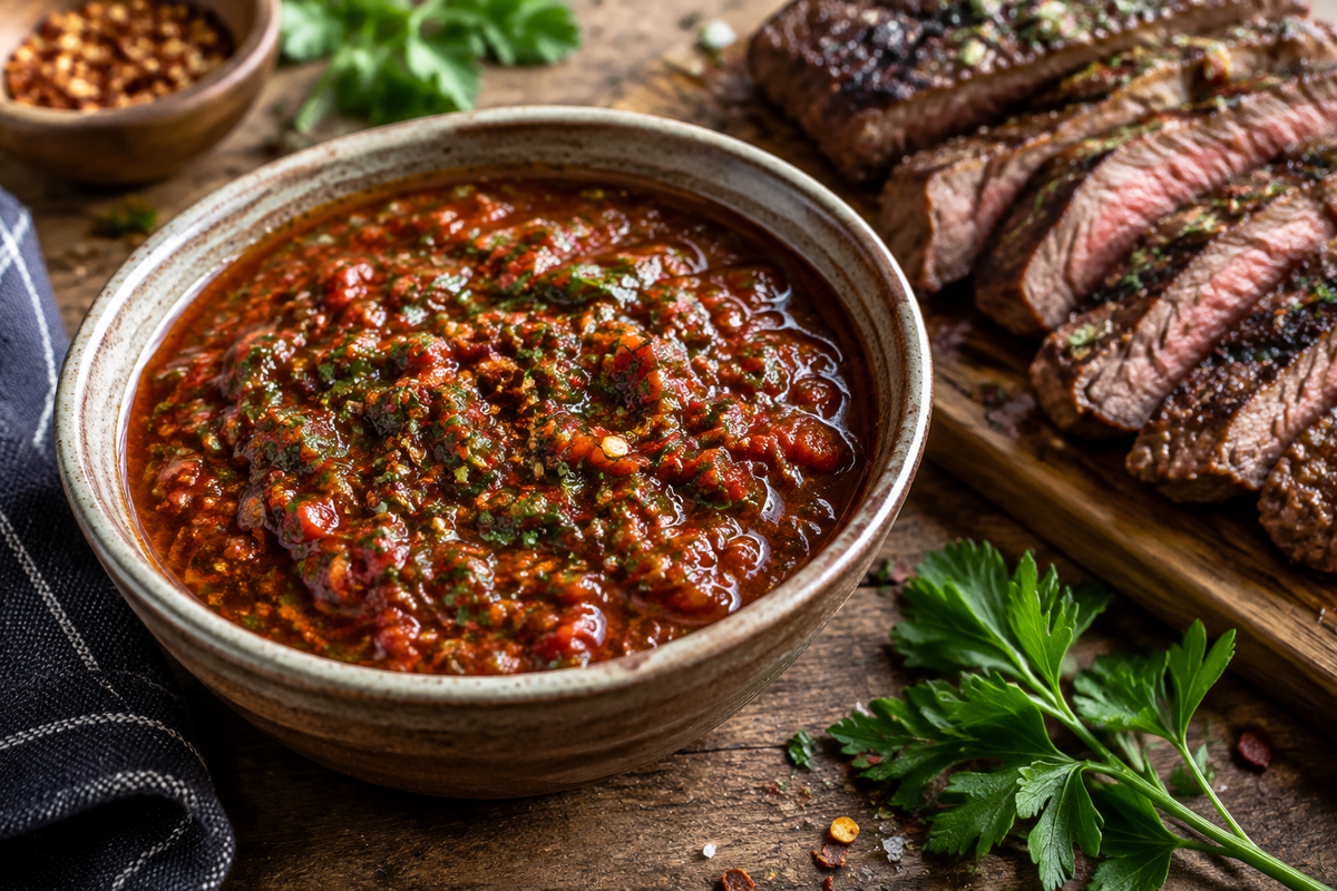 Smoky red chimichurri sauce in a bowl with fresh herbs, perfect for grilled meats