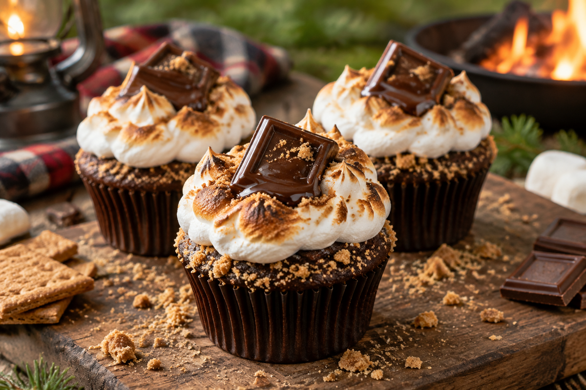 Three s'mores cupcakes with toasted marshmallow frosting and graham cracker crust, showcasing s'mores cupcakes.