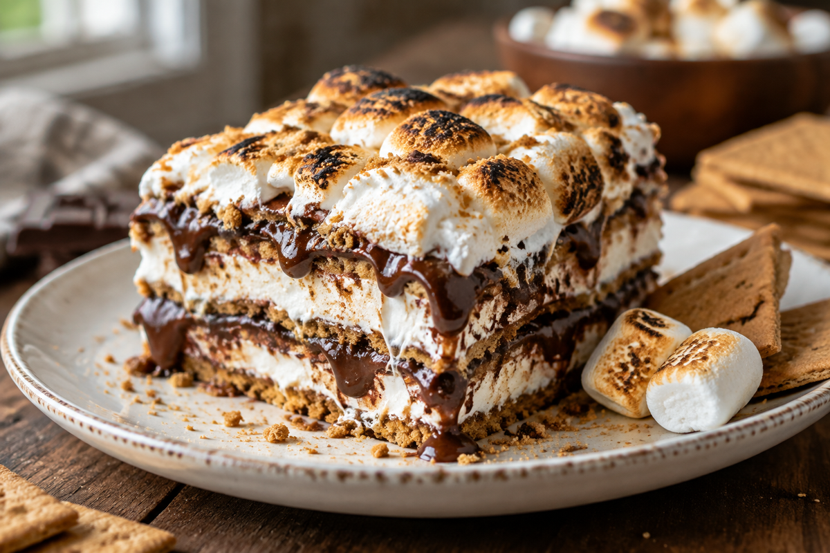 Slice of s'mores lasagna with layers of chocolate, marshmallow, and graham crackers, showcasing the s'mores lasagna dessert
