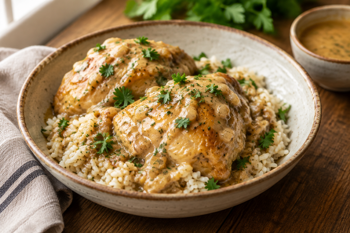 Plate of smothered chicken and rice with creamy sauce and parsley garnish, showcasing smothered chicken and rice