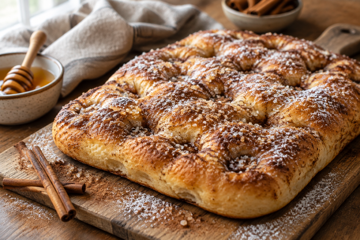 Soft cinnamon focaccia bread with golden crust and cinnamon sugar topping fresh from the oven