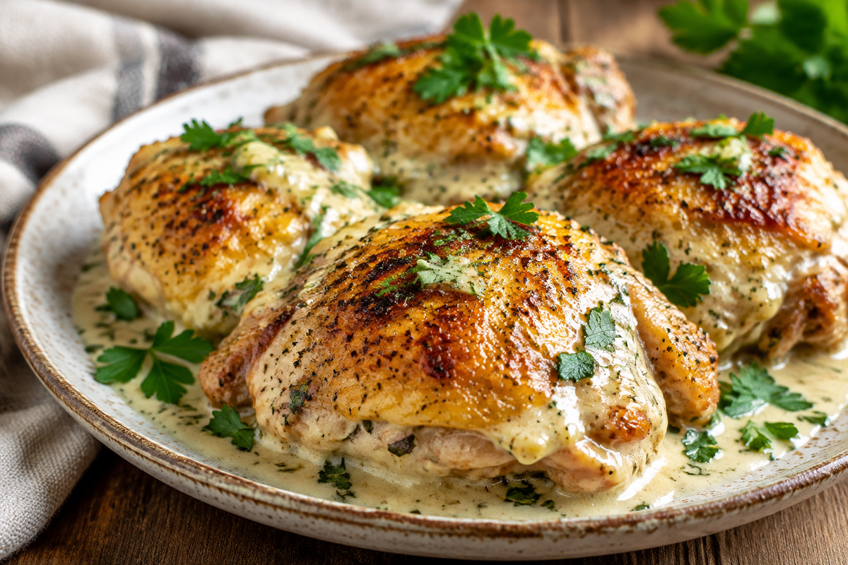 Sour cream baked chicken thighs garnished with parsley on rustic plate, showing creamy sauce and crispy edges
