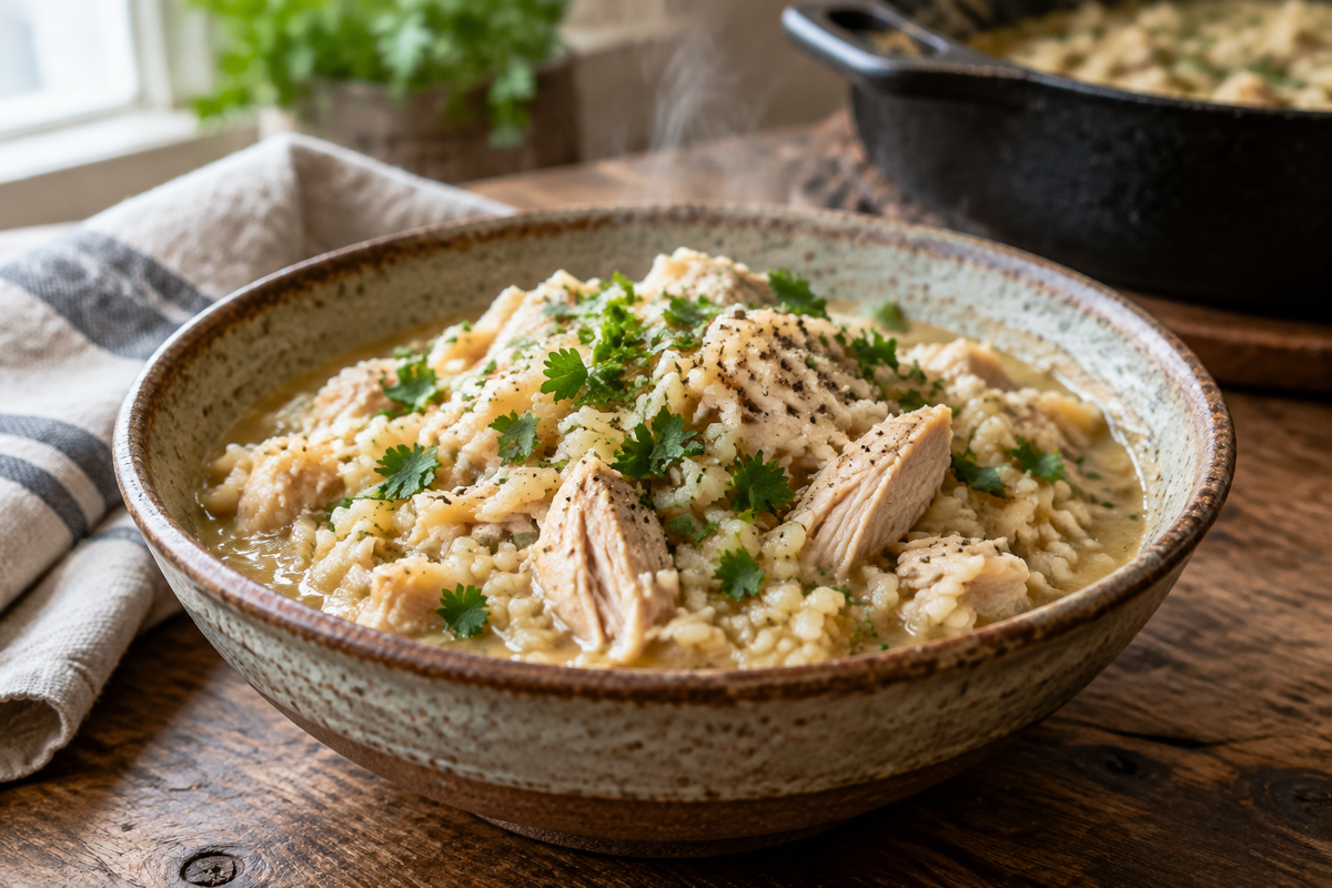 Southern chicken bog in a rustic bowl garnished with parsley, classic one-pot comfort food