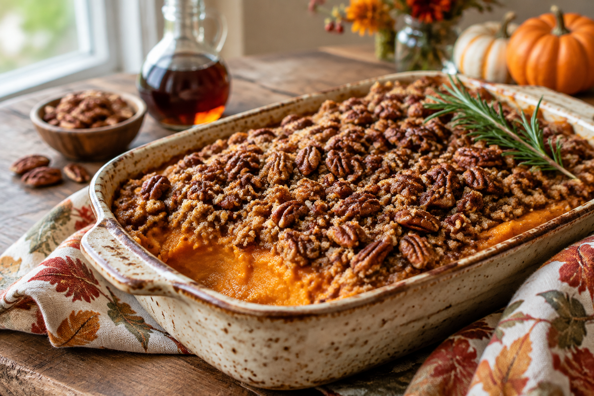 Southern sweet potato casserole topped with maple pecan crust in a rustic ceramic dish