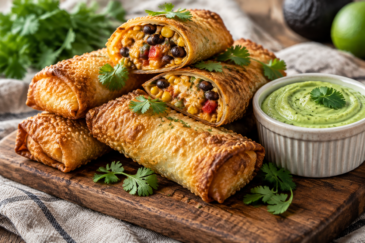 Crispy golden southwest egg rolls garnished with cilantro and avocado dipping sauce
