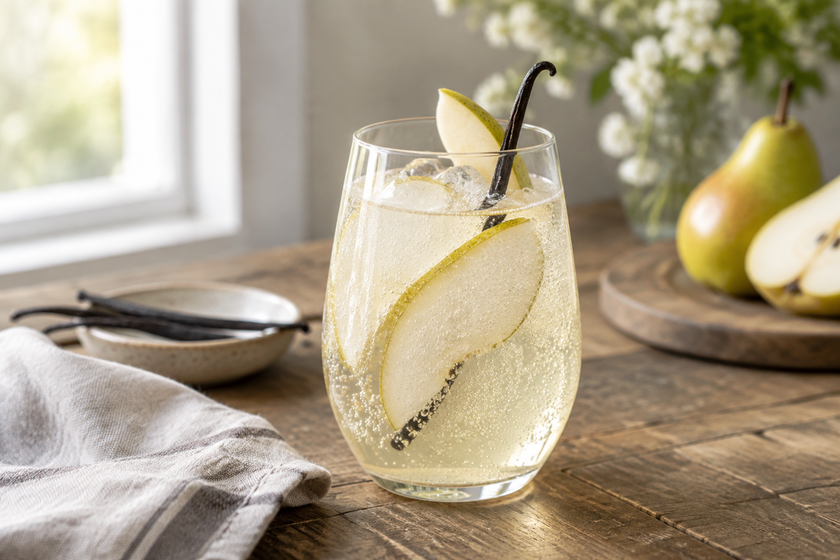 Sparkling vanilla pear mocktail in glass garnished with pear slices and vanilla bean, refreshing drink