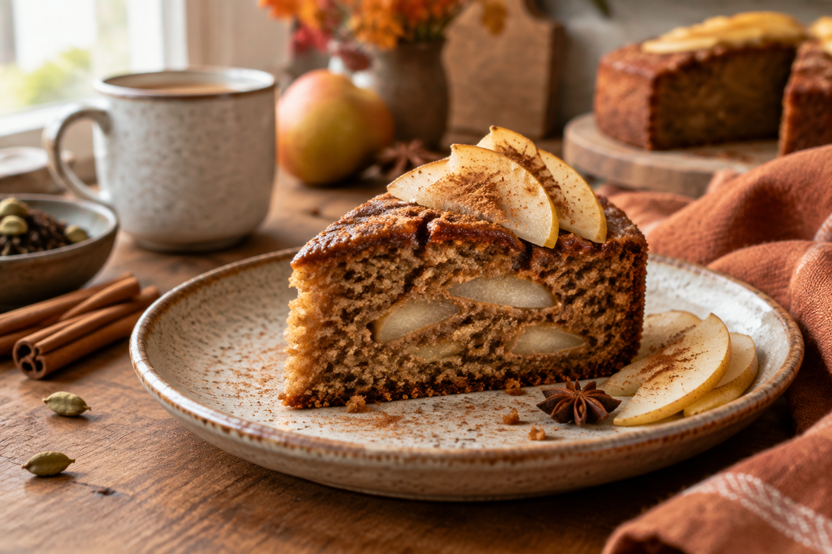 Moist spiced chai pear cake slice garnished with pear slices and cinnamon on a rustic plate