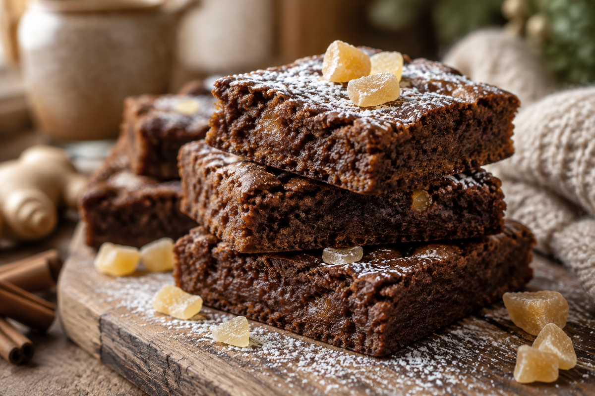Stack of spiced gingerbread brownies with chewy texture and powdered sugar garnish