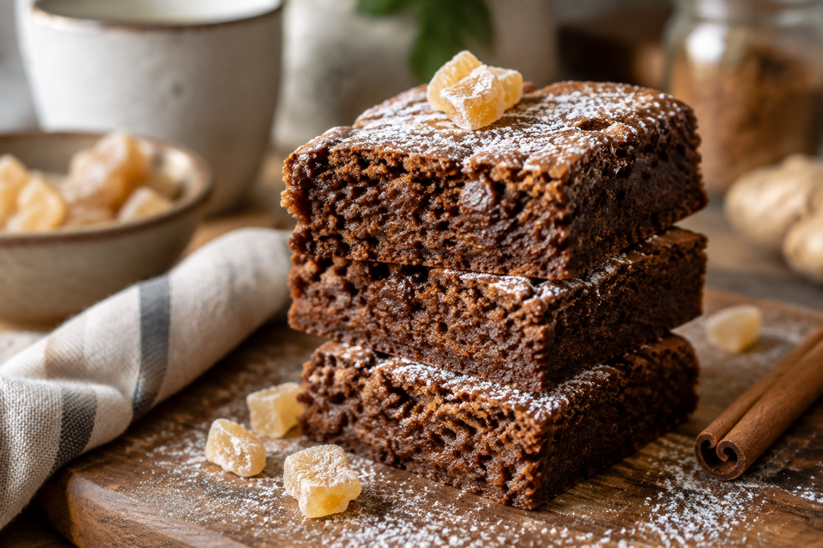 Spiced chewy gingerbread brownies stacked on wooden board with powdered sugar and crystallized ginger, gingerbread brownies