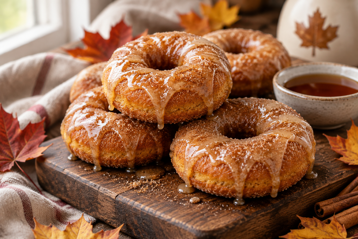 Stack of spiced maple doughnuts drizzled with maple glaze and sprinkled with cinnamon sugar