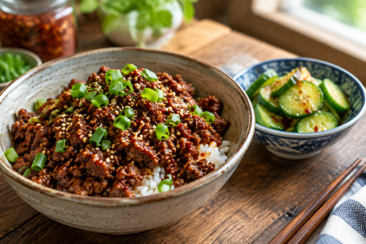 Spicy Korean ground beef served with crisp cucumber salad, garnished with sesame seeds and green onions