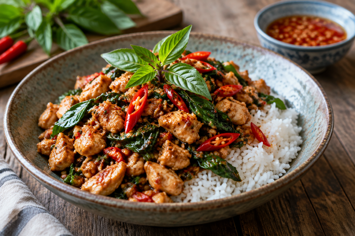 Spicy Thai basil chicken (Pad Krapow) served over jasmine rice garnished with fresh basil and chilies