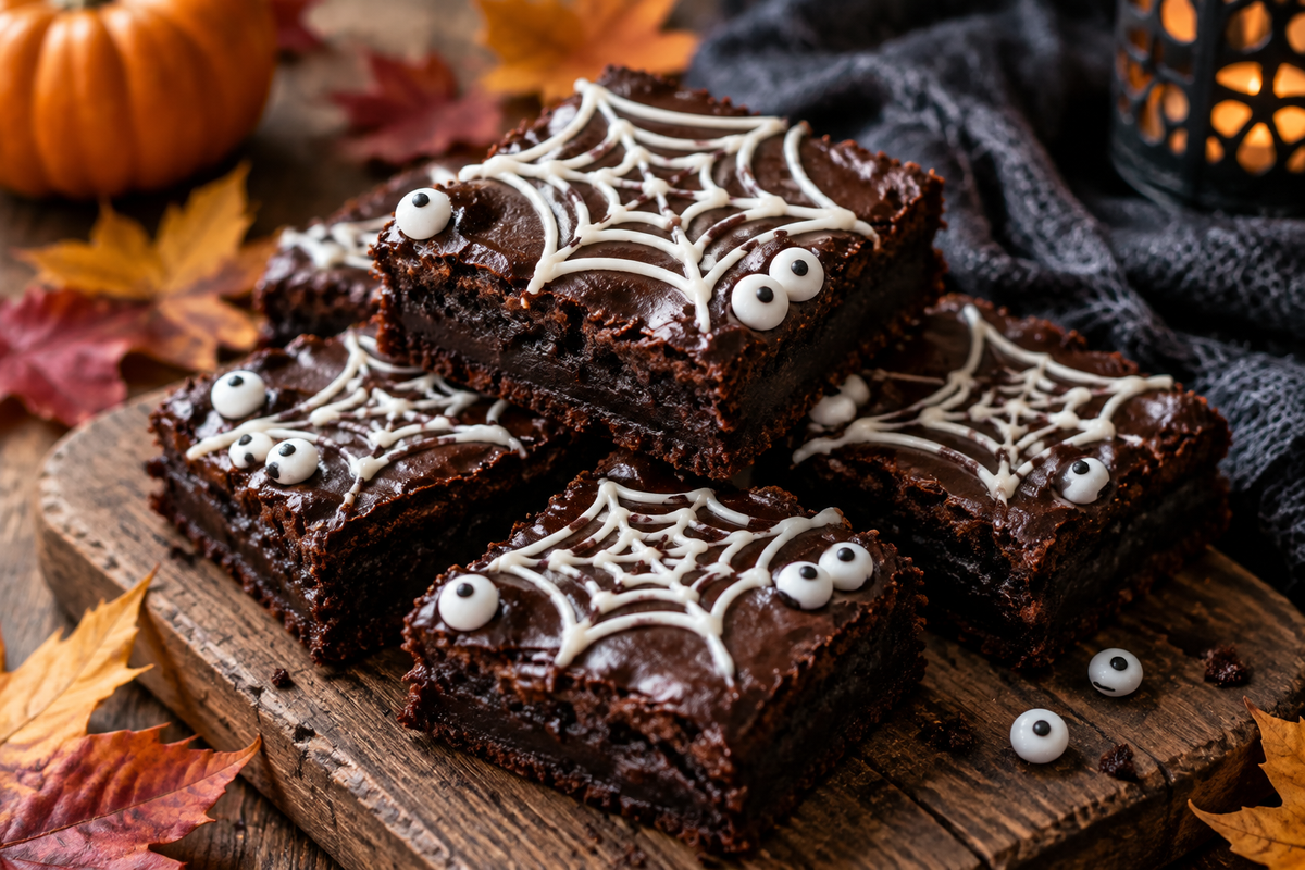 Spooky brownies decorated with spiderweb icing and candy eyeballs, perfect spooky brownies for Halloween
