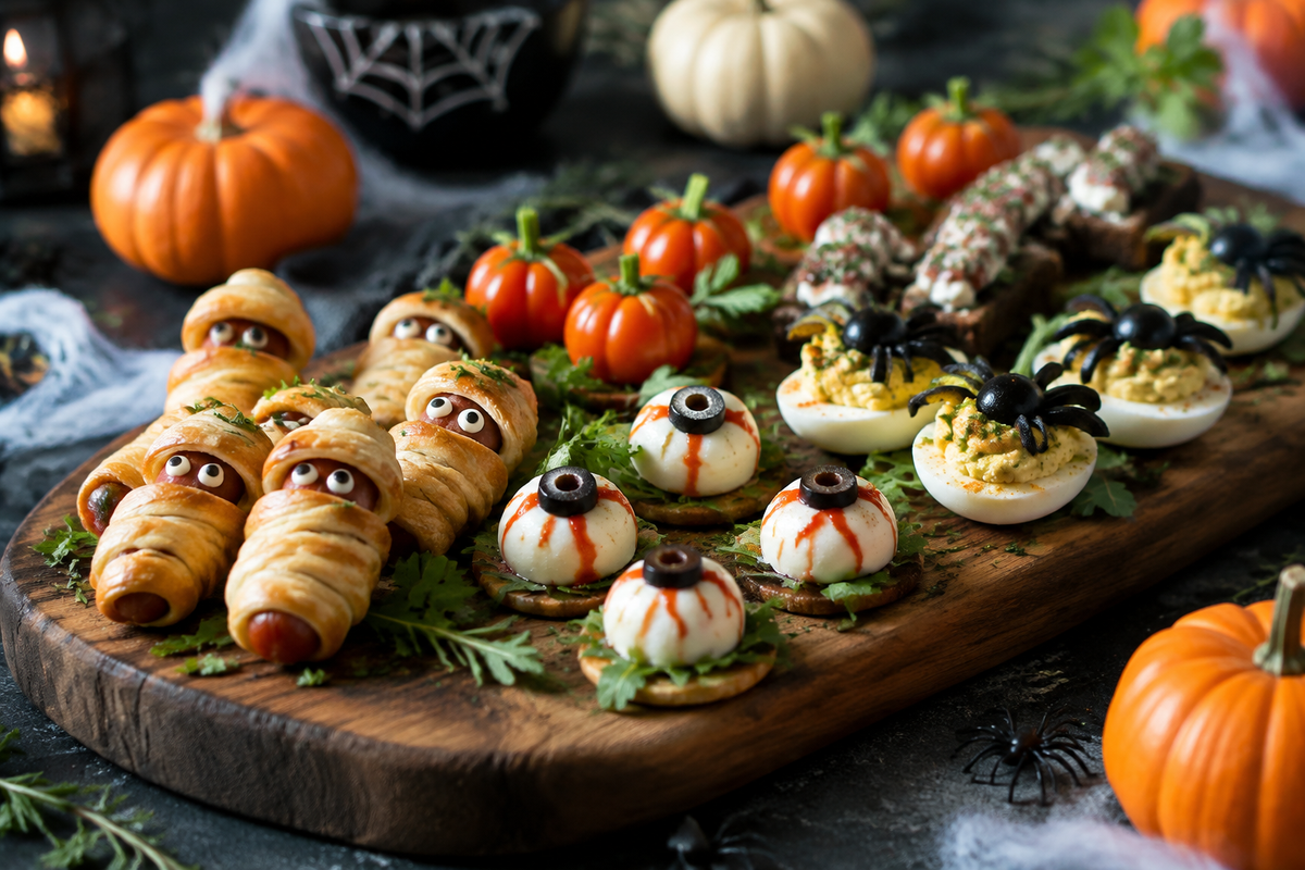 Halloween party appetizers arranged on a rustic board with festive garnishes and Halloween decorations