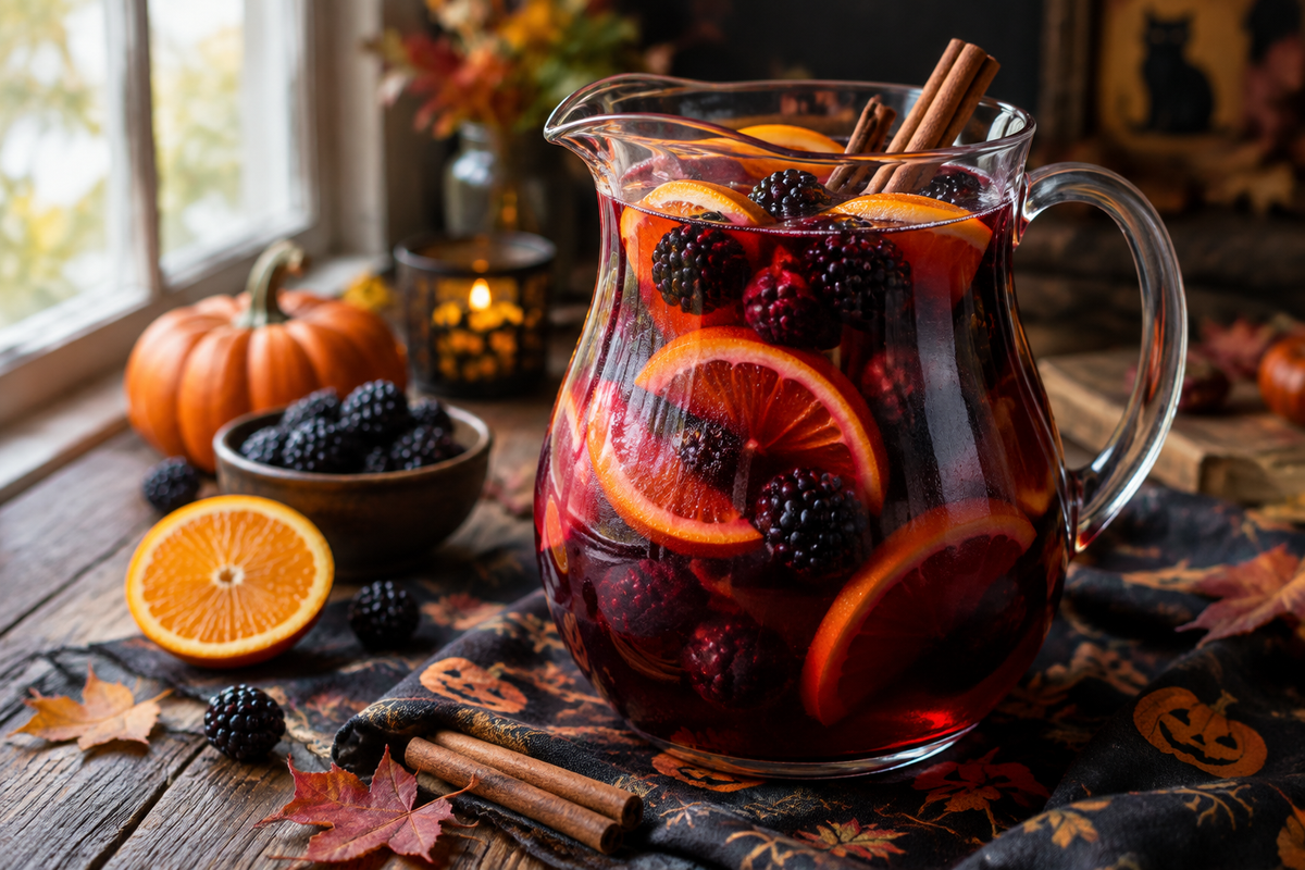 Halloween sangria in a glass pitcher with orange slices and blackberries, showcasing the spooky sangria drink