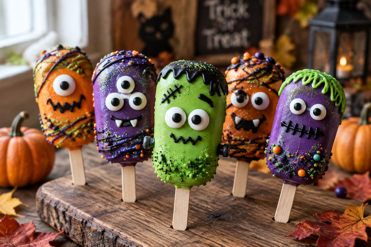 Spooky monster cakesicles decorated with colorful icing and candy eyes for Halloween treats