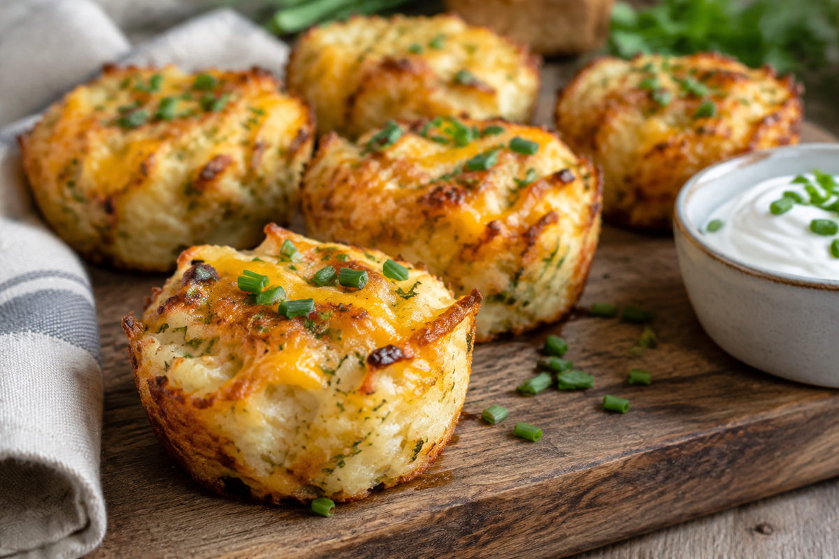 Golden potato cheddar chive bakes with melted cheese and fresh chives, crispy and delicious potato cheddar chive bakes