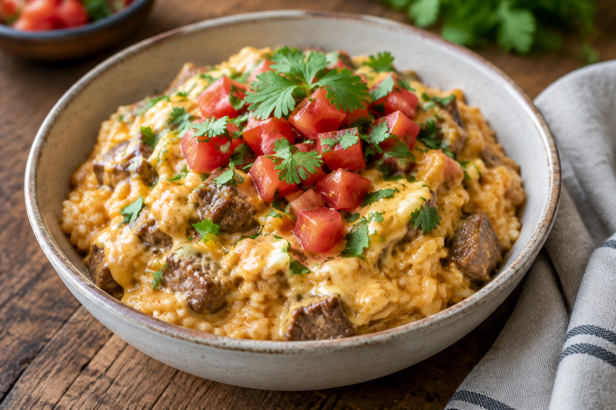 Creamy steak queso rice in a bowl garnished with cilantro and tomatoes, showcasing steak queso rice dish