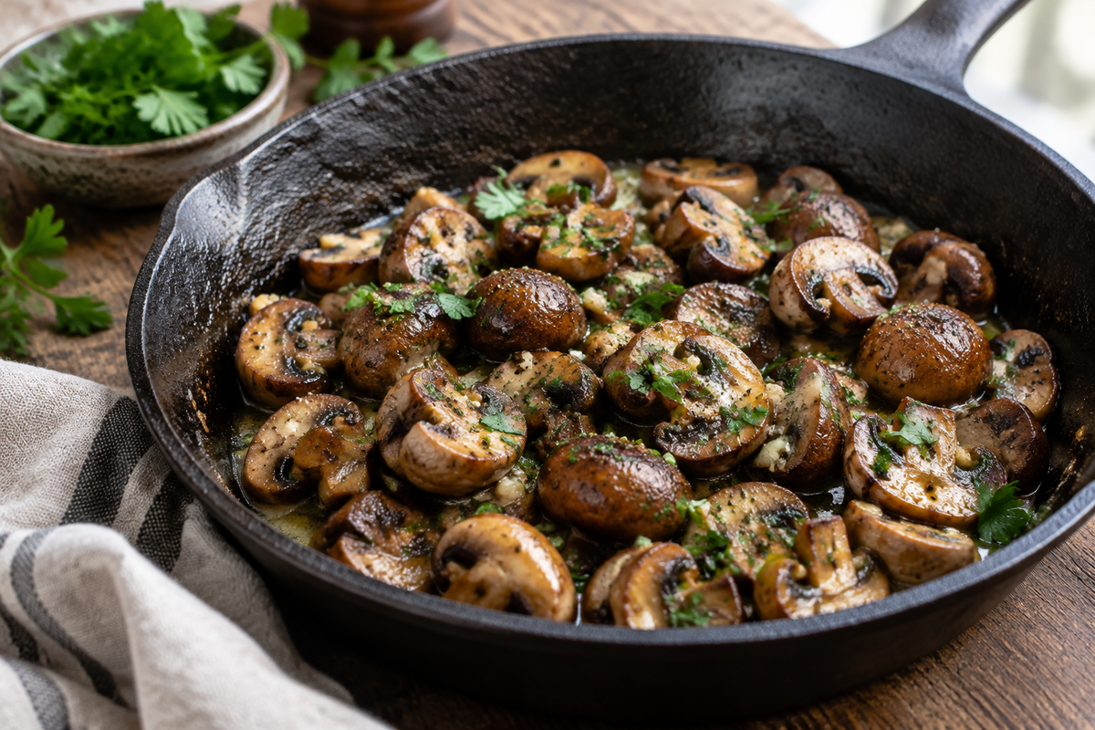 Garlic butter mushrooms in skillet garnished with parsley, showcasing garlic butter mushrooms