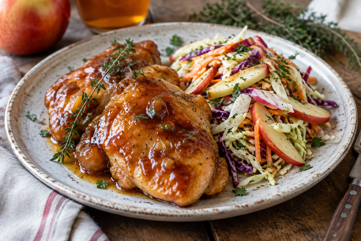 Sticky apple cider chicken with crisp autumn slaw served on a rustic plate with fresh herbs garnish