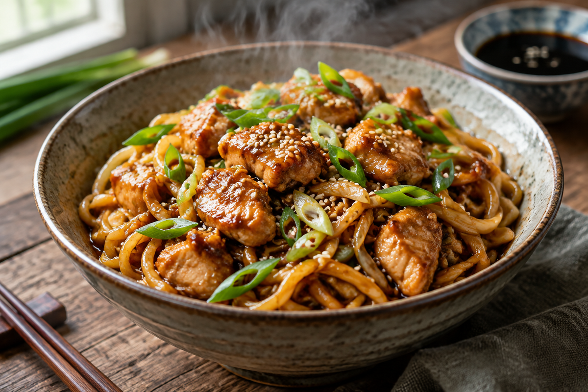 Sticky garlic chicken noodles in a bowl garnished with green onions and sesame seeds
