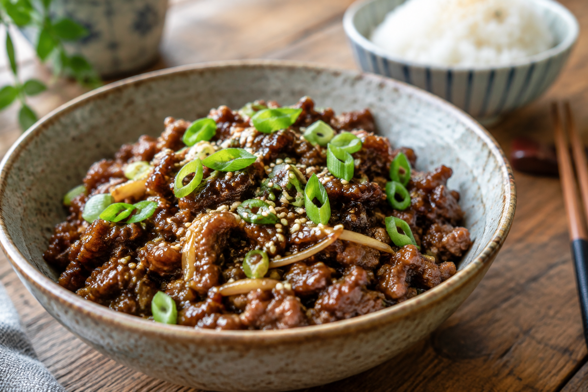 Sticky ginger beef mince garnished with green onions and sesame seeds in a rustic bowl