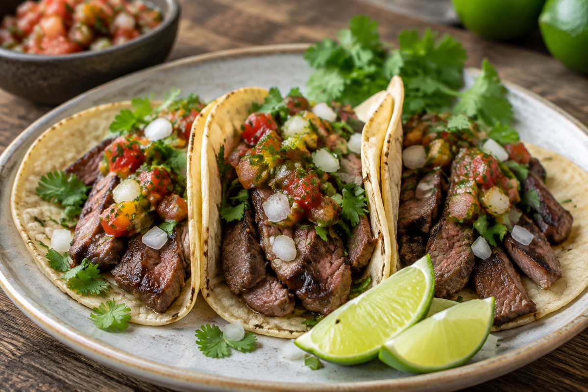 Stovetop carne asada tacos with fresh cilantro, onions, and salsa on soft corn tortillas served on a rustic surface
