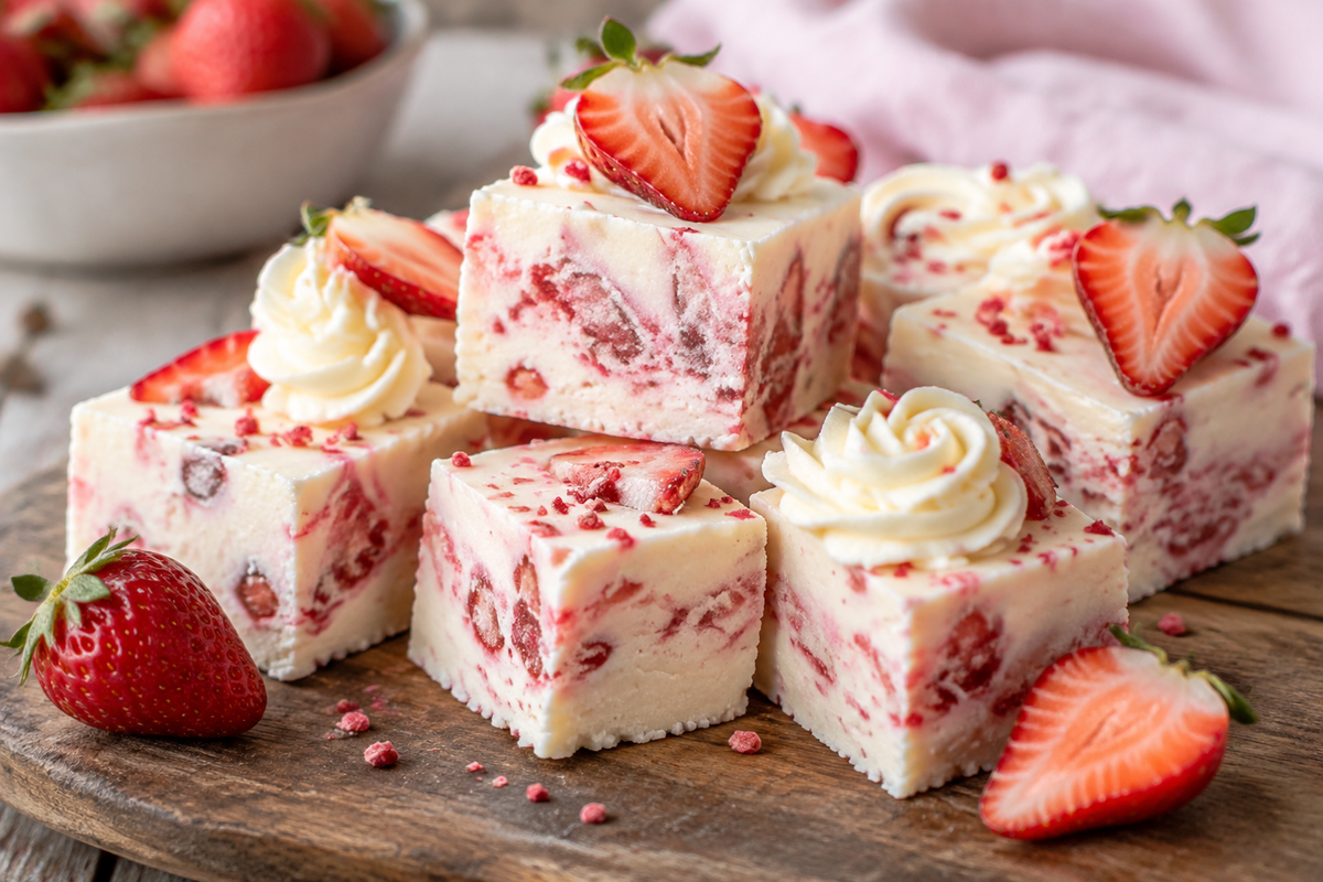 Squares of strawberries and cream fudge garnished with fresh strawberries and cream swirls, showcasing strawberries and cream fudge