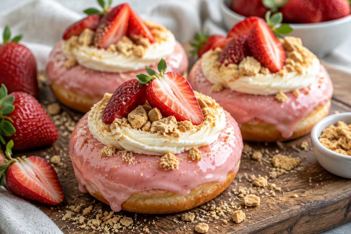 Fresh strawberry cheesecake donuts with creamy frosting and pink glaze on rustic board, strawberry cheesecake donuts