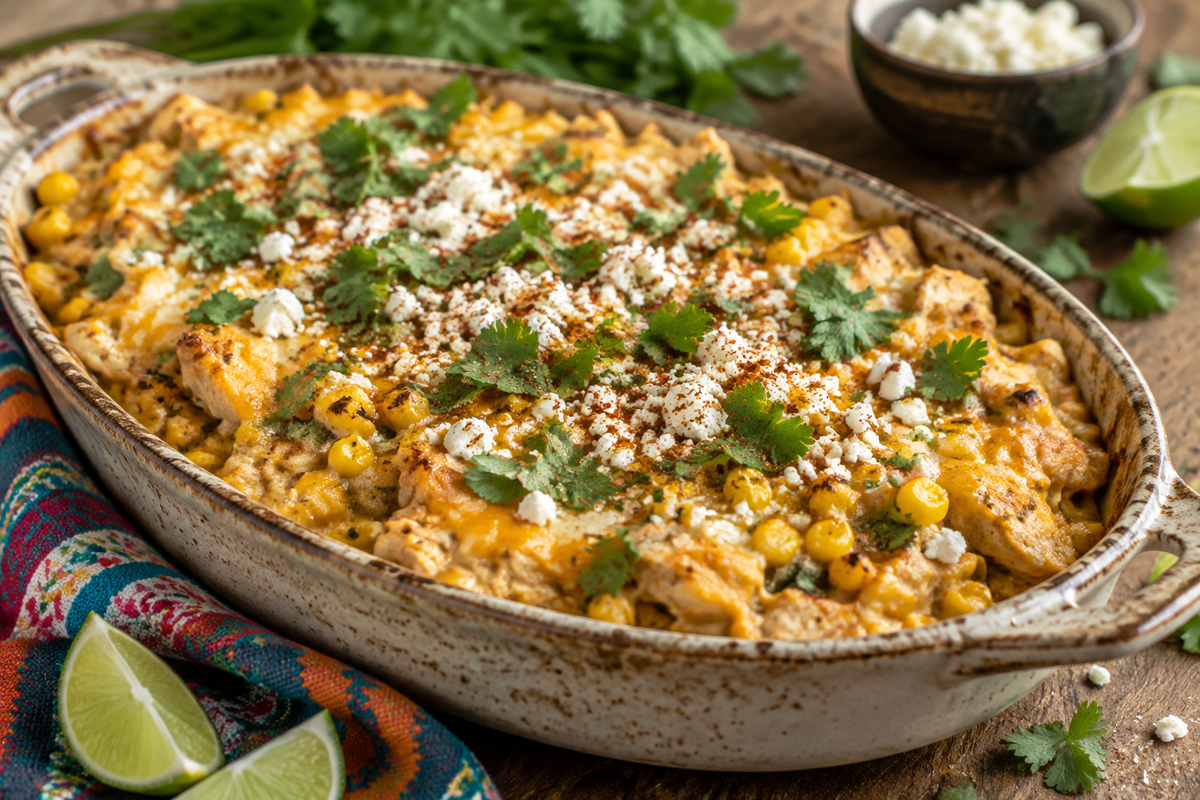Creamy cheesy street corn chicken casserole topped with cilantro and cotija cheese