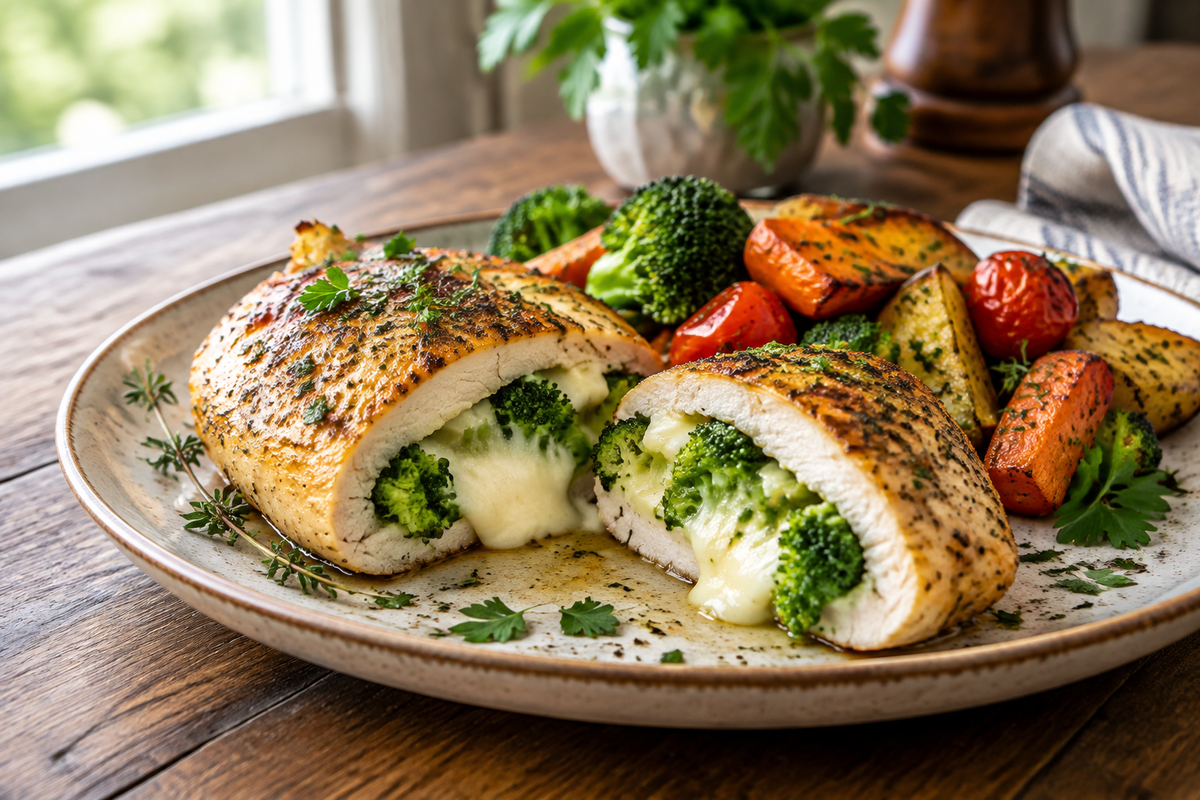 Stuffed chicken breast with broccoli and cheese on a plate showing the cheesy filling