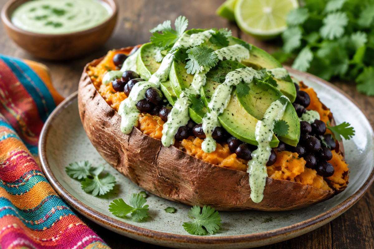 Stuffed sweet potato topped with avocado, black beans, and cilantro lime crema on rustic table