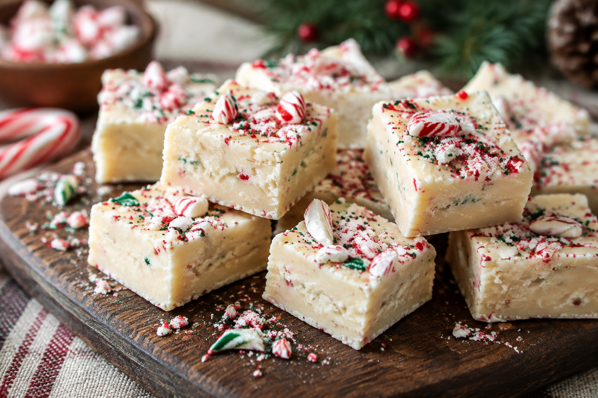 Sugar cookie Christmas fudge squares garnished with festive sprinkles and crushed candy canes