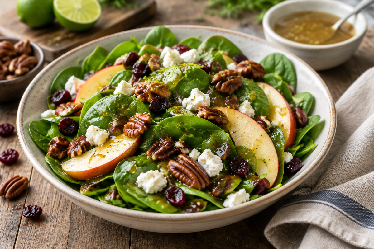 Fresh apple spinach salad with pecans, cranberries, goat cheese, and maple-lime dressing