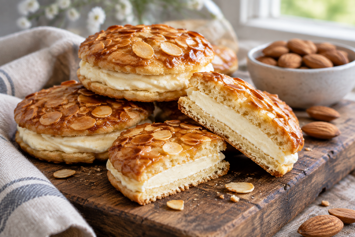 Super easy bienenstich plätzchen with creamy filling and toasted almonds on top