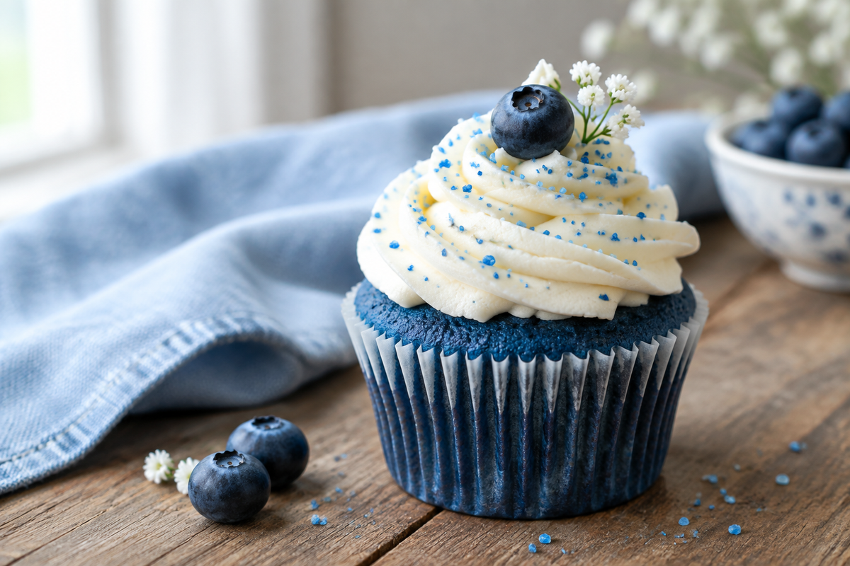 Super easy blue velvet cupcakes with white frosting and blue sprinkles, a colorful treat