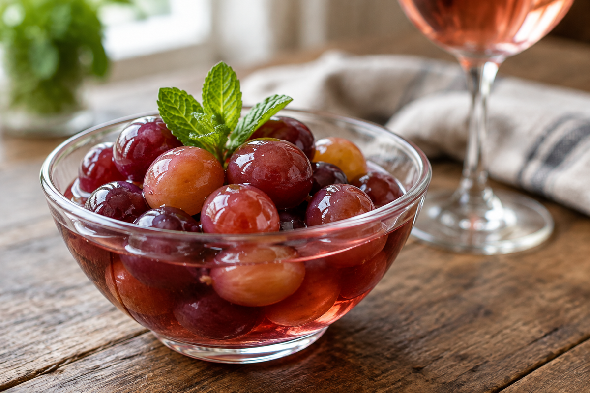 A bowl of super easy boozy grapes soaked in rosé wine with fresh mint garnish